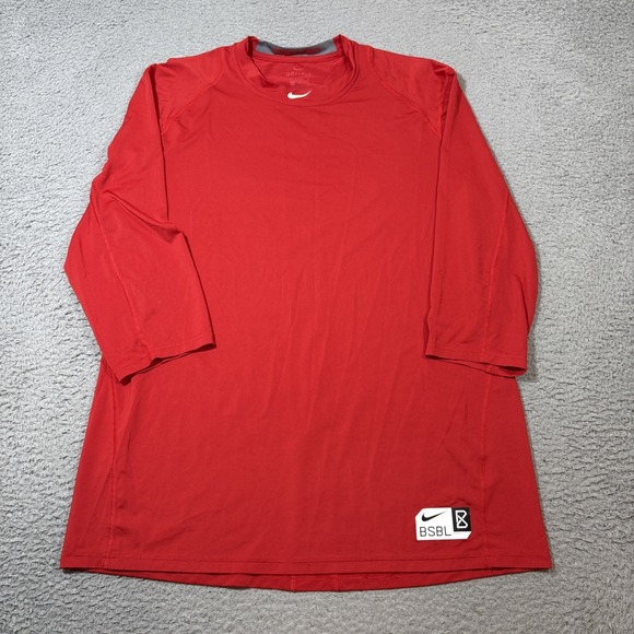 Nike Men's Sz XL Red Pro Combat 1/2 Sleeve Dri Fit Fitted Shirt Center Swoosh - Picture 1 of 8
